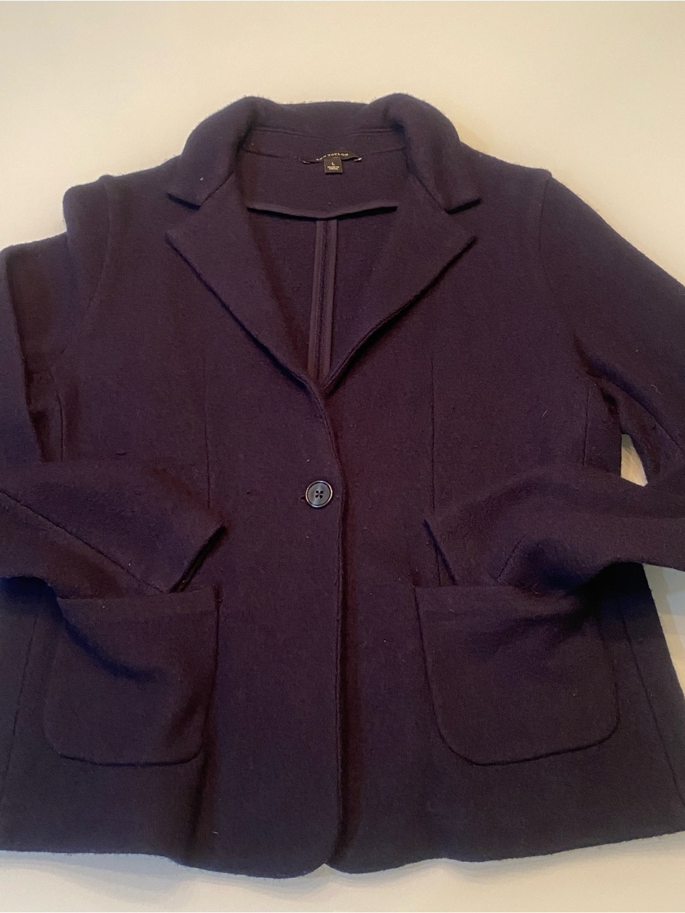 Ann Taylor 100% Boiled Wool Single Button Knit Blazer Jacket Dark Navy Blue LG